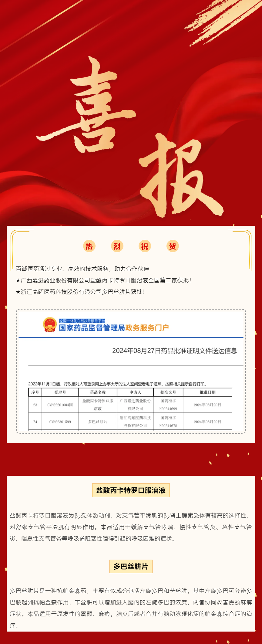 喜報！百誠醫(yī)藥助力合作伙伴鹽酸丙卡特羅口服溶液、多巴絲肼片獲批！.png
